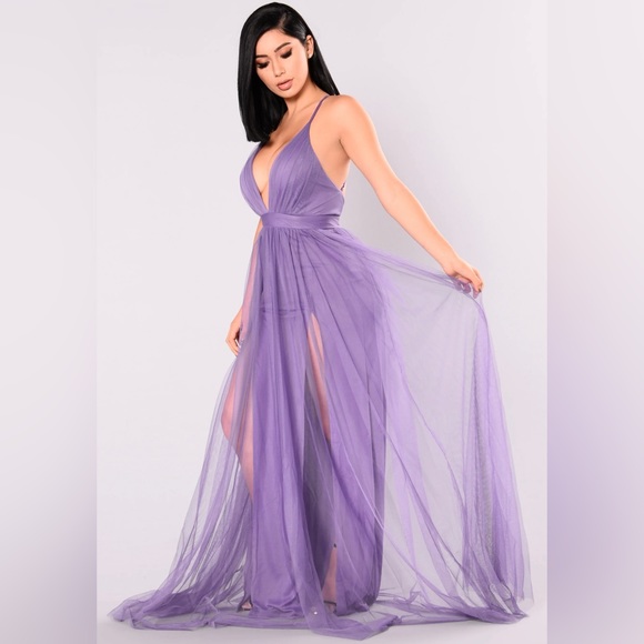 Long Purple Criss Cross Open Back Tulle Maxi Dress - Picture 3 of 4